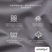 Graues Spannbettlaken aus 95% Bio-Baumwolle und 5% Elasthan, dehnbar, blickdicht und straff. Perspektive: Nahaufnahme der Stoffstruktur mit Symbolen für Atmungsaktivität und Pflegehinweise.