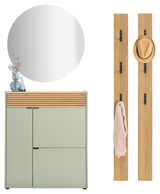 Garderoben-Set RIO in Taupegrün mit einem runden Spiegel, einem Schrank mit Holzlamellen und zwei Wandpaneelen mit Haken, frontal abgebildet.
