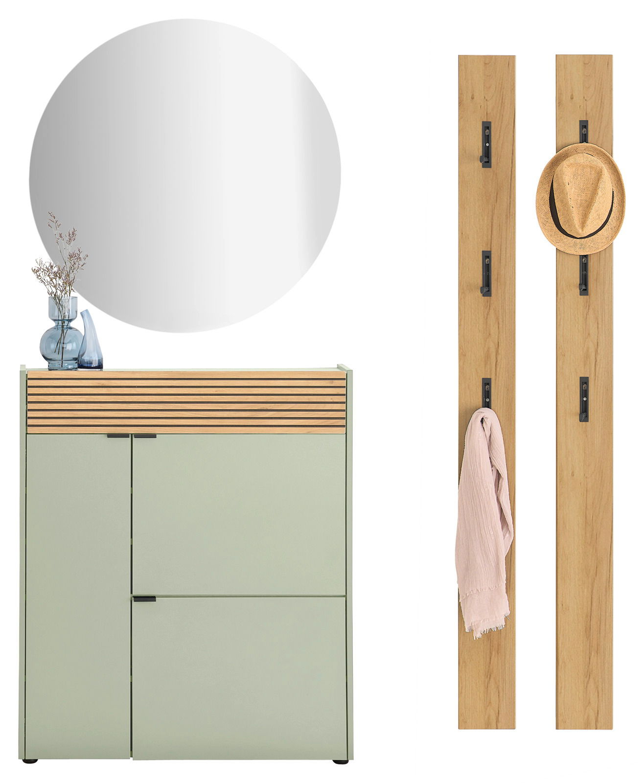 Garderoben-Set RIO in Taupegrün mit einem runden Spiegel, einem Schrank mit Holzlamellen und zwei Wandpaneelen mit Haken, frontal abgebildet.