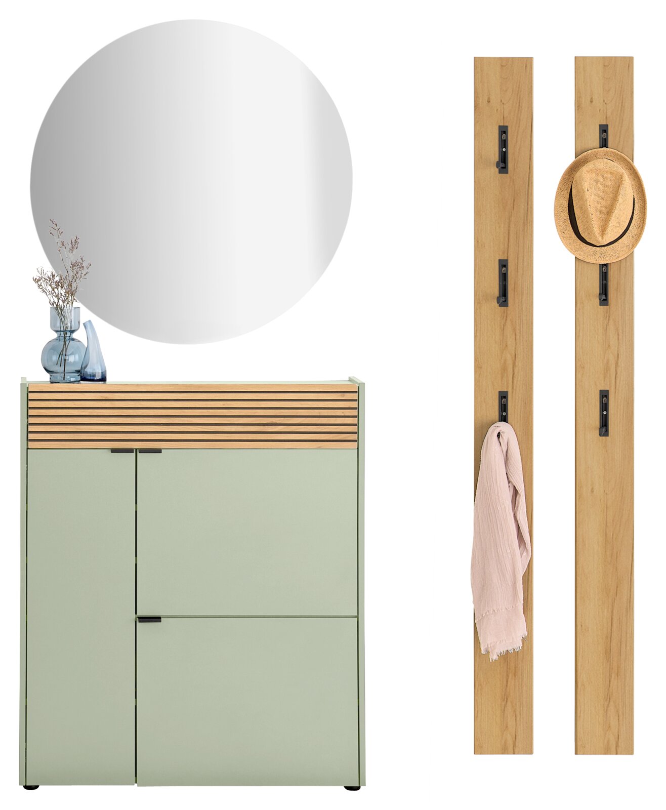 Garderoben-Set RIO in Taupegrün mit einem runden Spiegel, einem Schrank mit Holzlamellen und zwei Wandpaneelen mit Haken, frontal abgebildet.