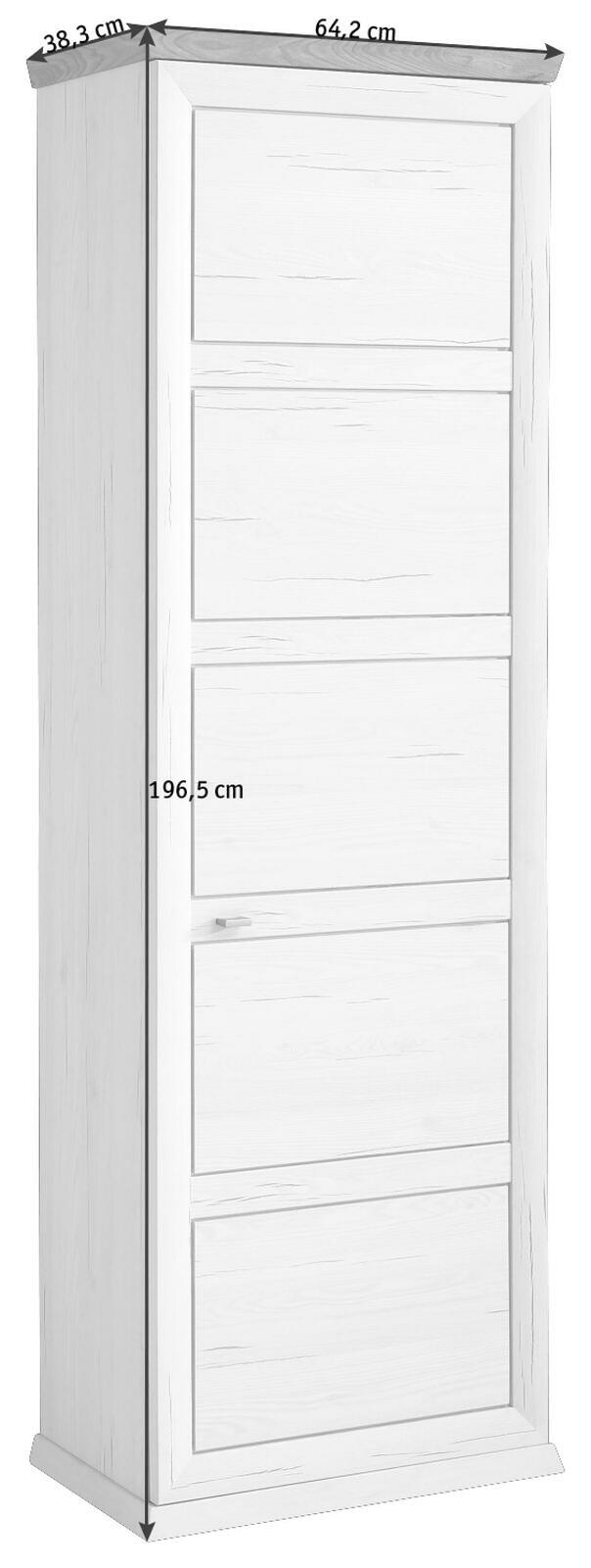Weißer Garderobenschrank der Serie Camron/Benton mit fünf Türen, Maße: 196,5 cm hoch, 64,2 cm breit, 38,3 cm tief, seitliche Perspektive.