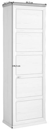 Weißer Garderobenschrank der Serie Camron/Benton mit fünf Türen, Maße: 196,5 cm hoch, 64,2 cm breit, 38,3 cm tief, seitliche Perspektive.