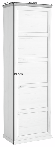 Weißer Garderobenschrank der Serie Camron/Benton mit fünf Türen, Maße: 196,5 cm hoch, 64,2 cm breit, 38,3 cm tief, seitliche Perspektive.