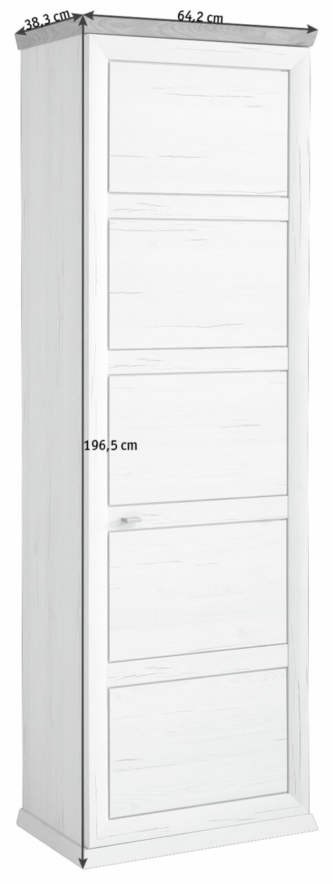 Weißer Garderobenschrank der Serie Camron/Benton mit fünf Türen, Maße: 196,5 cm hoch, 64,2 cm breit, 38,3 cm tief, seitliche Perspektive.