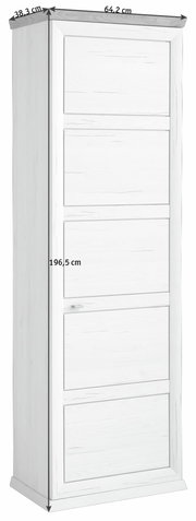 Weißer Garderobenschrank der Serie Camron/Benton mit fünf Türen, Maße: 196,5 cm hoch, 64,2 cm breit, 38,3 cm tief, seitliche Perspektive.