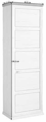 Witte garderobekast uit de Camron/Benton-serie met vijf deuren, afmetingen: 196,5 cm hoog, 64,2 cm breed, 38,3 cm diep, zijaanzicht.