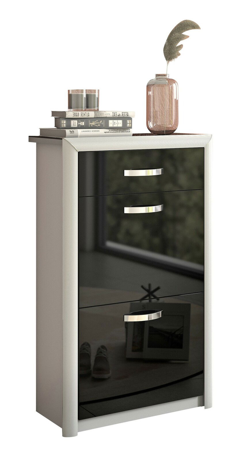 Moderner Schuhschrank mit glänzender schwarzer Front, drei Schubladen und dekorativen Gegenständen auf der Oberseite, seitliche Perspektive.