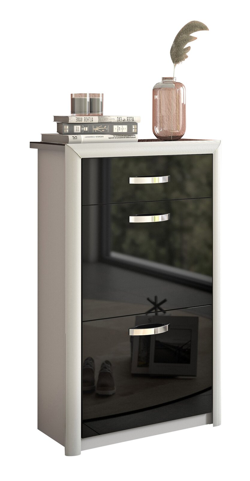 Moderner Schuhschrank mit glänzender schwarzer Front, drei Schubladen und dekorativen Gegenständen auf der Oberseite, seitliche Perspektive.