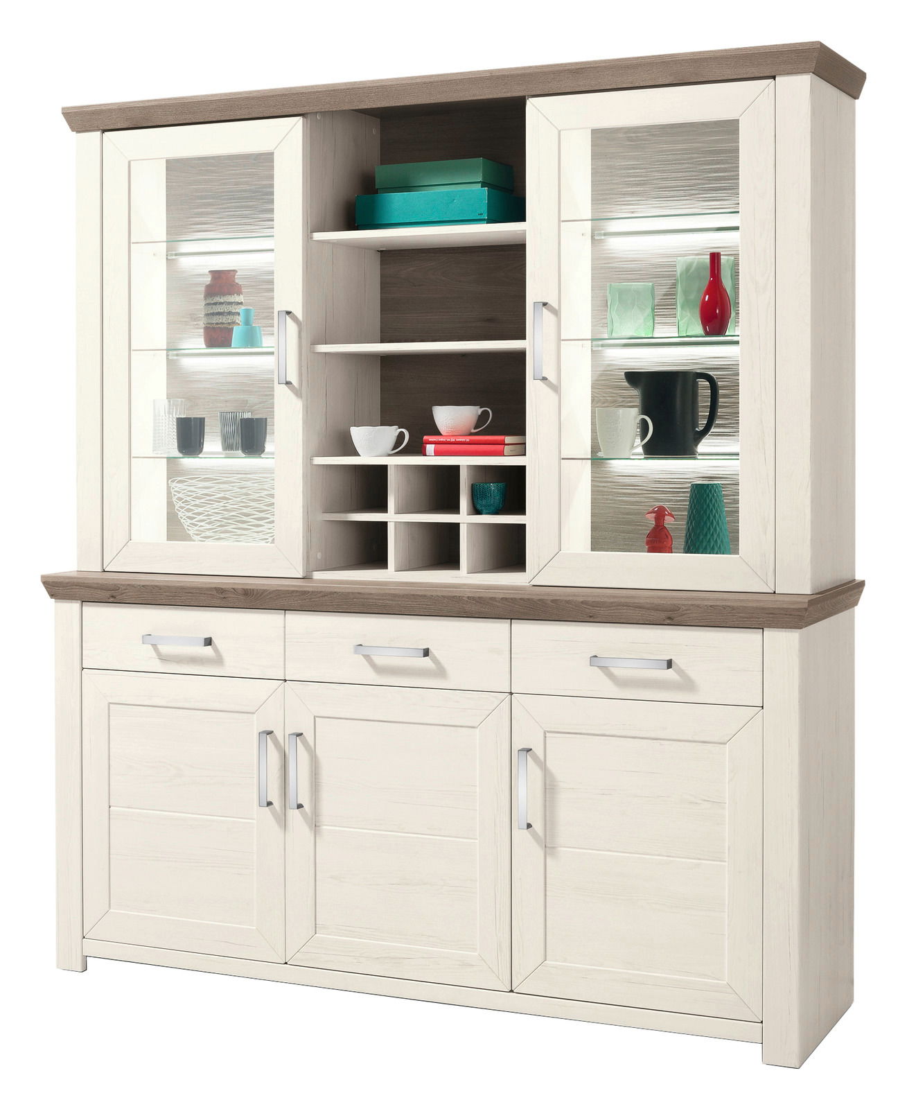 Set one by Musterring Vitrinenaufsatz SET ONE YORK Vitrinenaufsatz in heller Holzoptik mit Glastüren und Regalen, frontal betrachtet