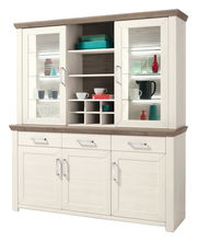 Vitrinenaufsatz in heller Holzoptik mit Glastüren und Regalen, frontal betrachtet