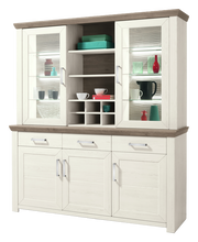 Vitrinenaufsatz in heller Holzoptik mit Glastüren und Regalen, frontal betrachtet