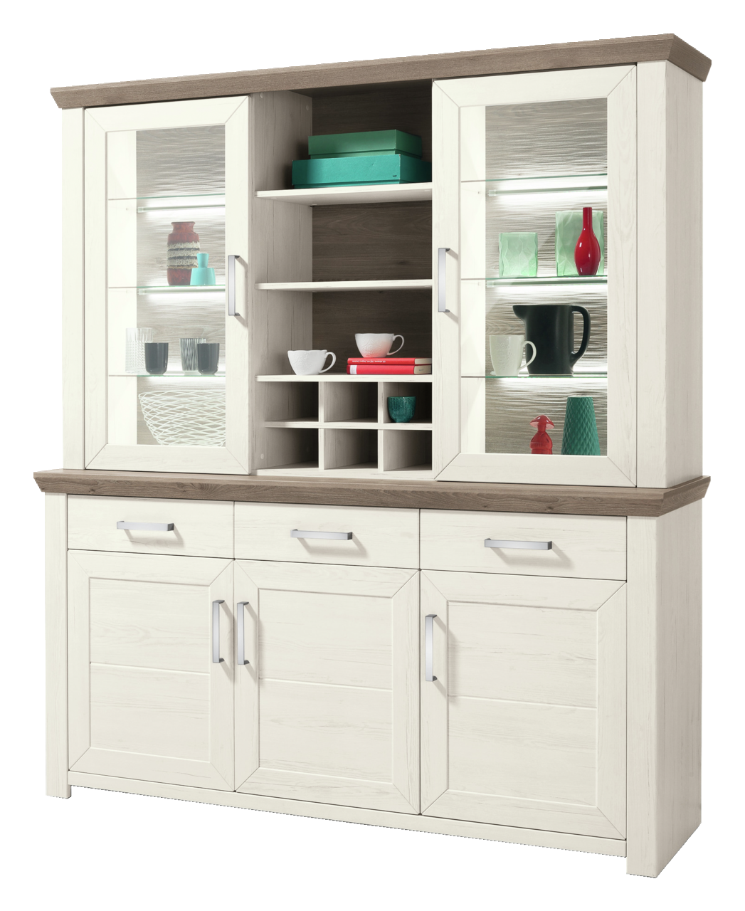 Vitrinenaufsatz in heller Holzoptik mit Glastüren und Regalen, frontal betrachtet