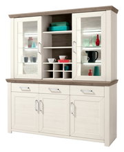 Vitrinenaufsatz in heller Holzoptik mit Glastüren und Regalen, frontal betrachtet