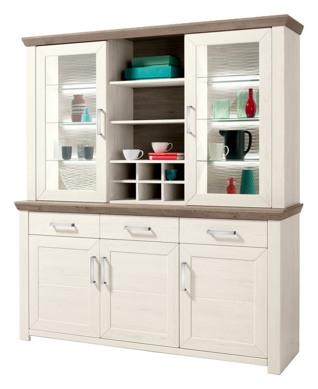 Set one by Musterring Vitrinenaufsatz SET ONE YORK Vitrinenaufsatz in heller Holzoptik mit Glastüren und Regalen, frontal betrachtet