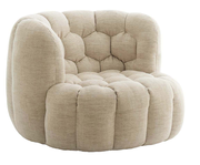 Beiger, gepolsterter Sessel mit runder Form und Knopfdetails, seitliche Perspektive