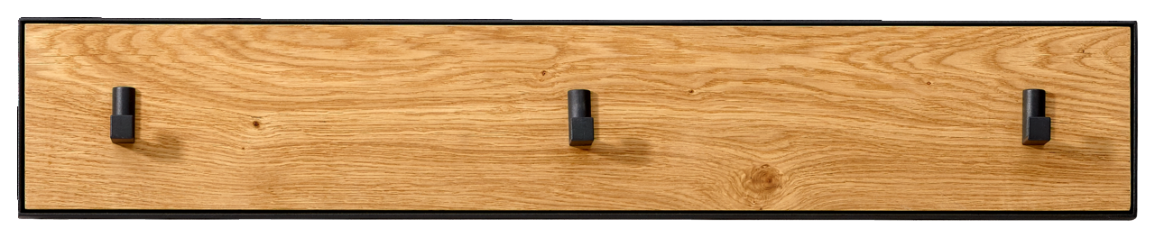 Hakenleiste aus Holz mit drei schwarzen Haken, frontal betrachtet