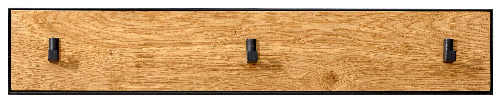 Hakenleiste aus Holz mit drei schwarzen Haken, frontal betrachtet