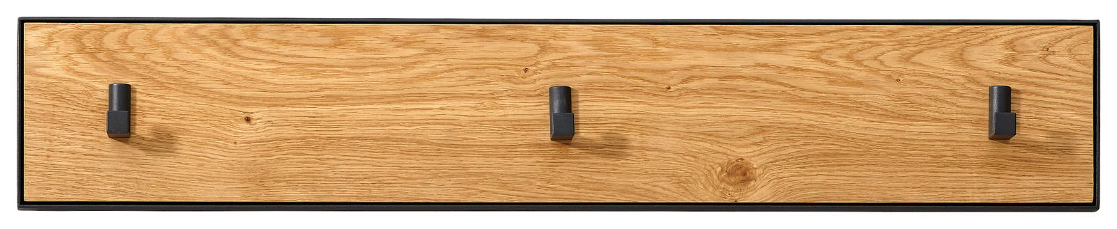 Hakenleiste aus Holz mit drei schwarzen Haken, frontal betrachtet