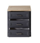 Rollcontainer mit drei Schubladen, dunklem Korpus und heller Holzoberfläche, Frontalansicht