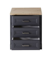 Rollcontainer mit drei Schubladen, dunklem Korpus und heller Holzoberfläche, Frontalansicht