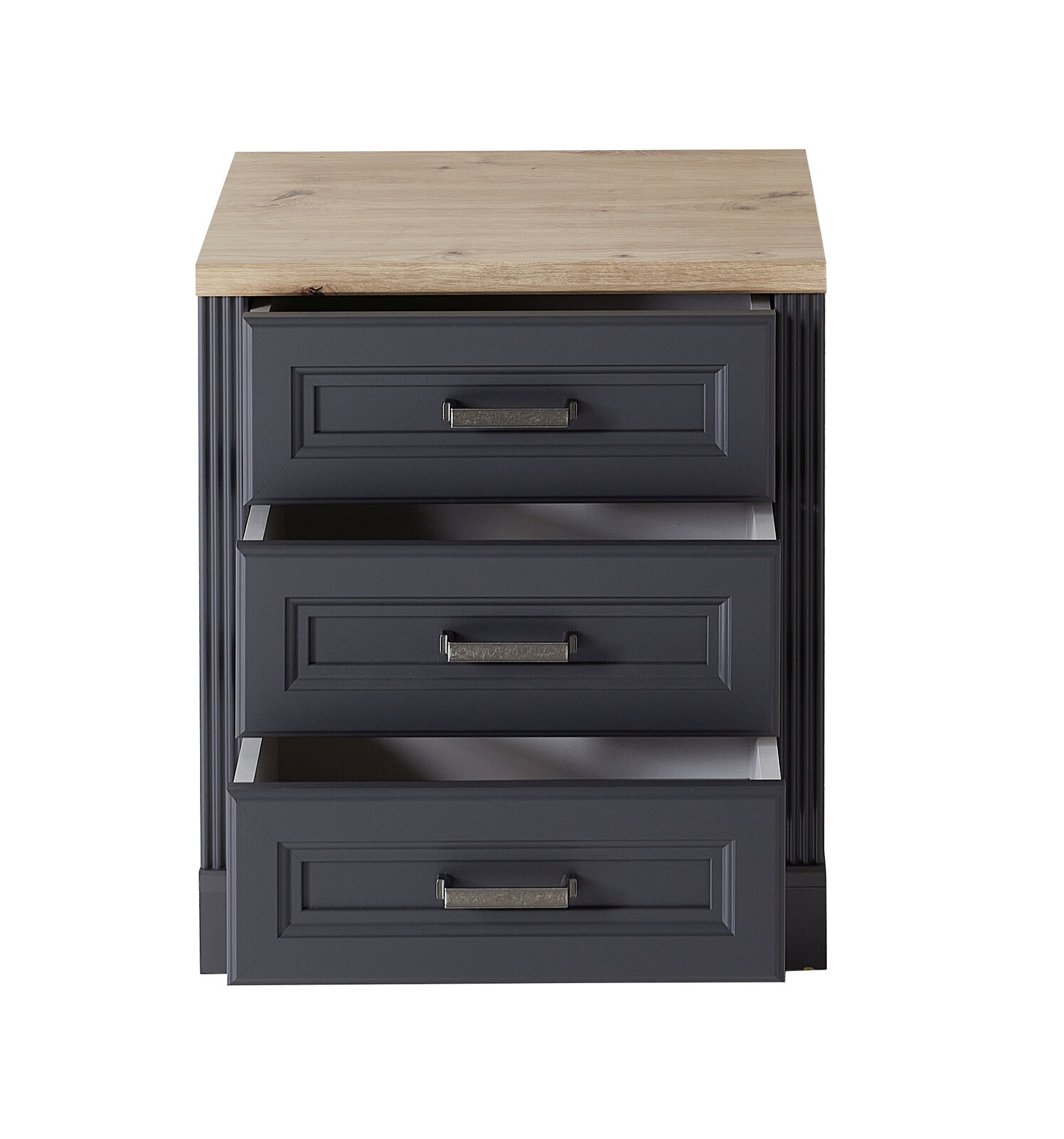 Rollcontainer mit drei Schubladen, dunklem Korpus und heller Holzoberfläche, Frontalansicht