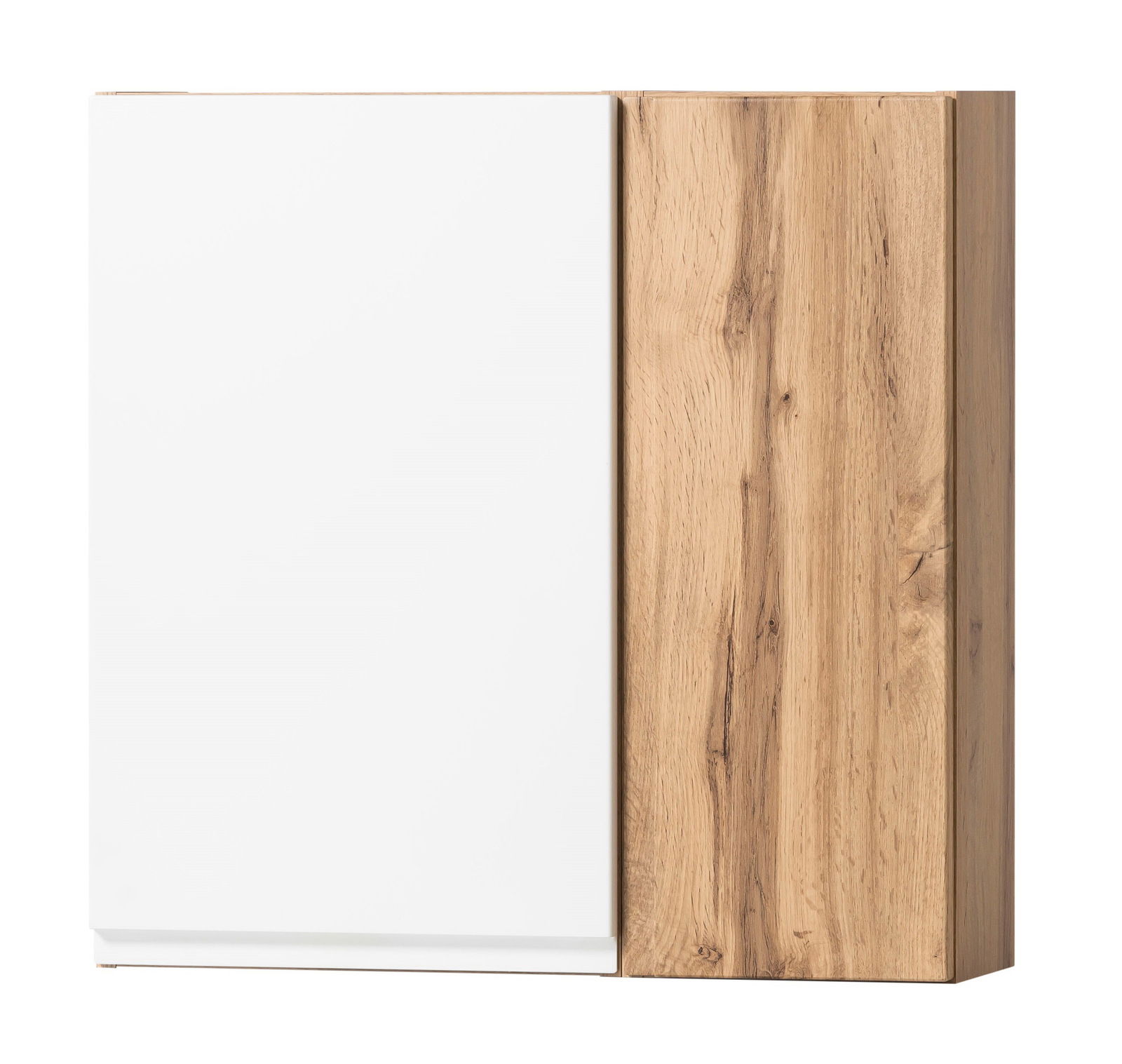 Hängeschrank 65 cm mit weißer und holzfarbener Front, Frontalansicht