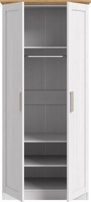 Weißer zweitüriger Kleiderschrank mit Holzoptik-Abdeckplatte, geöffneten Türen und sichtbaren Einlegeböden, Frontansicht