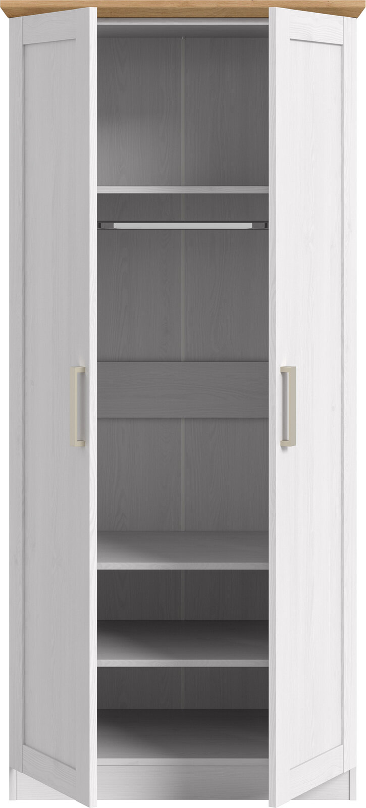 Weißer zweitüriger Kleiderschrank mit Holzoptik-Abdeckplatte, geöffneten Türen und sichtbaren Einlegeböden, Frontansicht