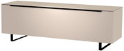 TV-Lowboard Moderano Serie BORMIO in Beige, frontale Ansicht, mit schwarzen Metallfüßen.