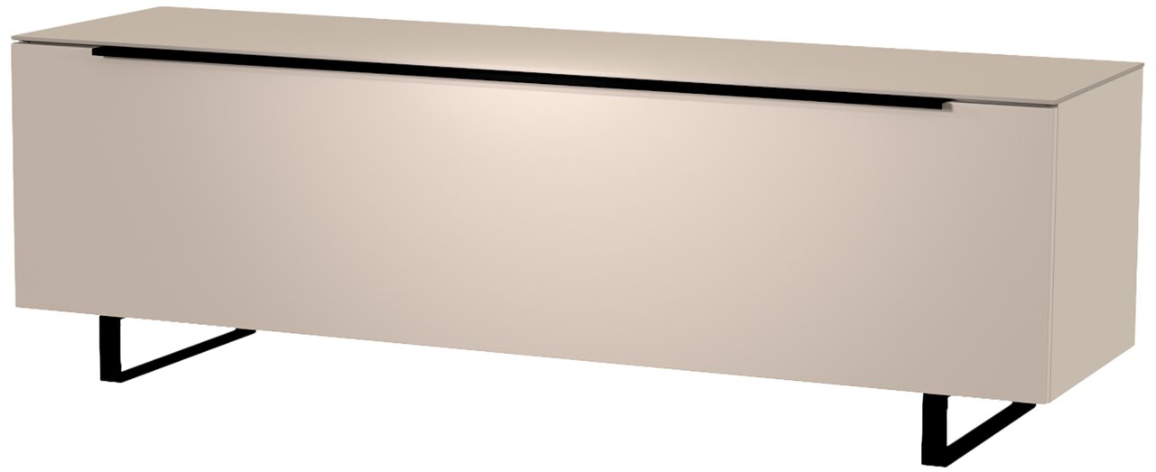 TV-Lowboard Moderano Serie BORMIO in Beige, frontale Ansicht, mit schwarzen Metallfüßen.