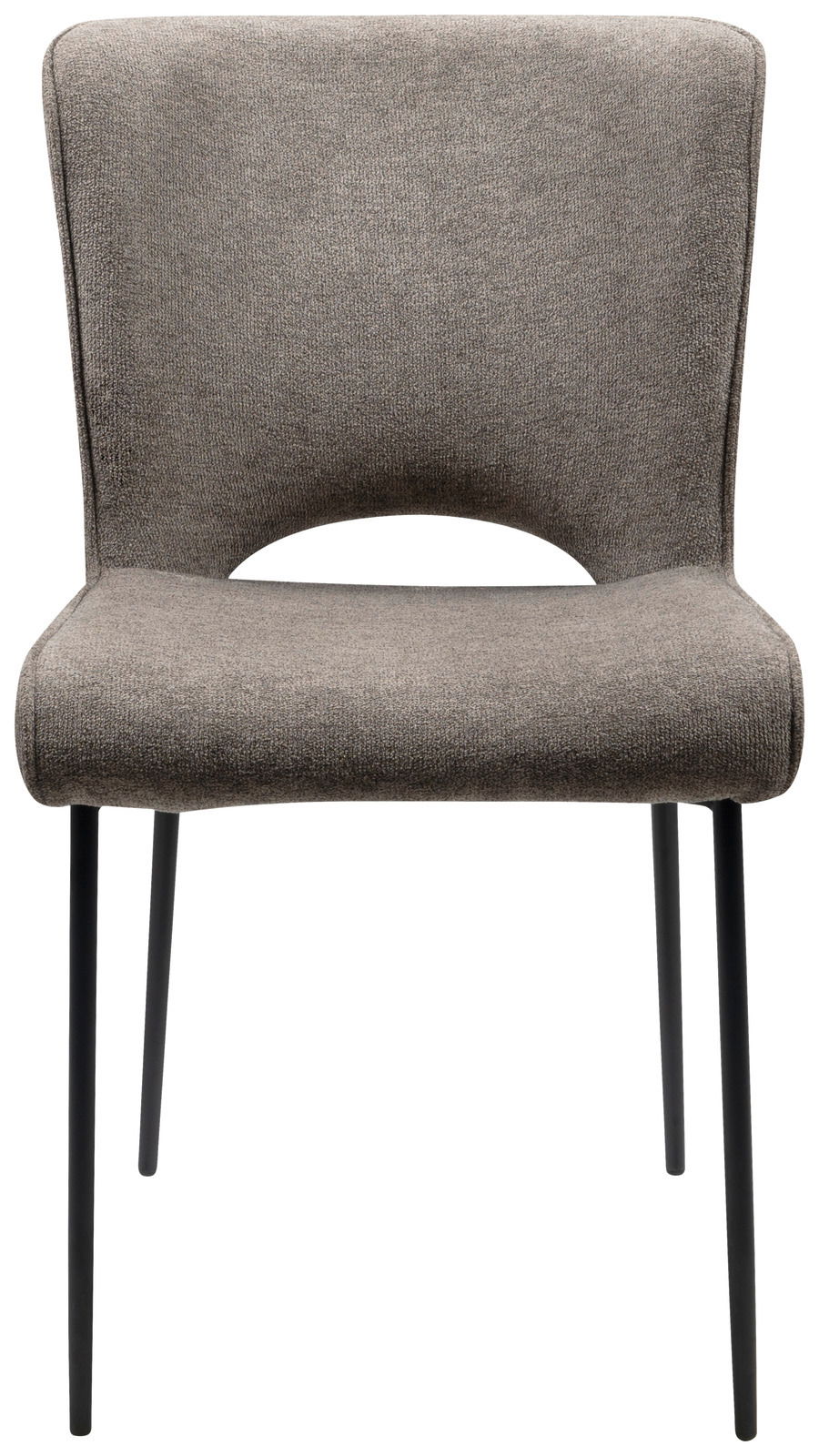 Moderner grauer Stuhl mit Stoffbezug und schwarzen Metallbeinen, Frontalansicht