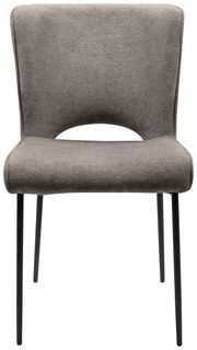 Moderner grauer Stuhl mit Stoffbezug und schwarzen Metallbeinen, Frontalansicht