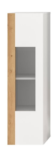 Vitrine mit weißem Korpus und Holzelementen, Frontansicht