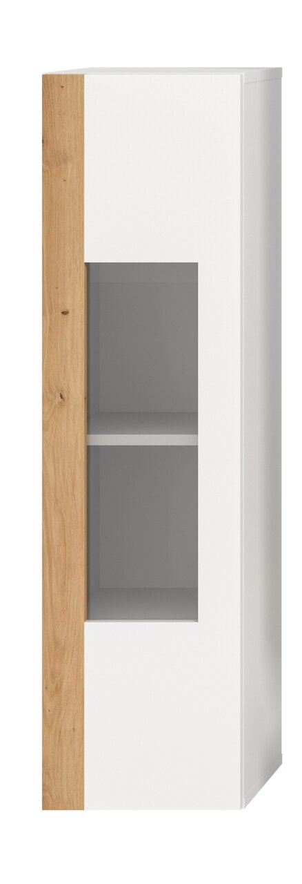 Vitrine mit weißem Korpus und Holzelementen, Frontansicht