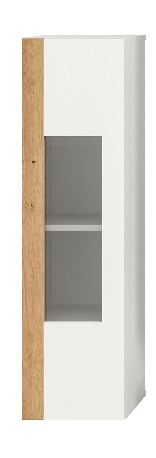 Vitrine mit weißem Korpus und Holzelementen, Frontansicht
