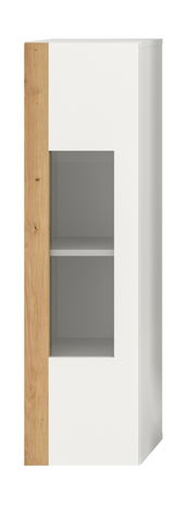 Vitrine mit weißem Korpus und Holzelementen, Frontansicht