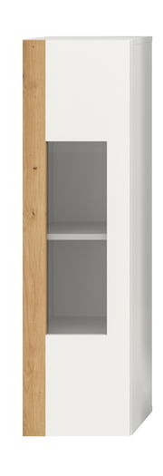 Vitrine mit weißem Korpus und Holzelementen, Frontansicht