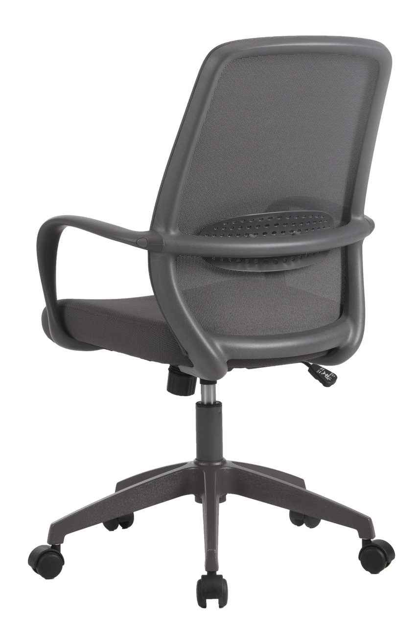 Rückansicht eines grauen Drehstuhls mit Netzrückenlehne und Armlehnen.