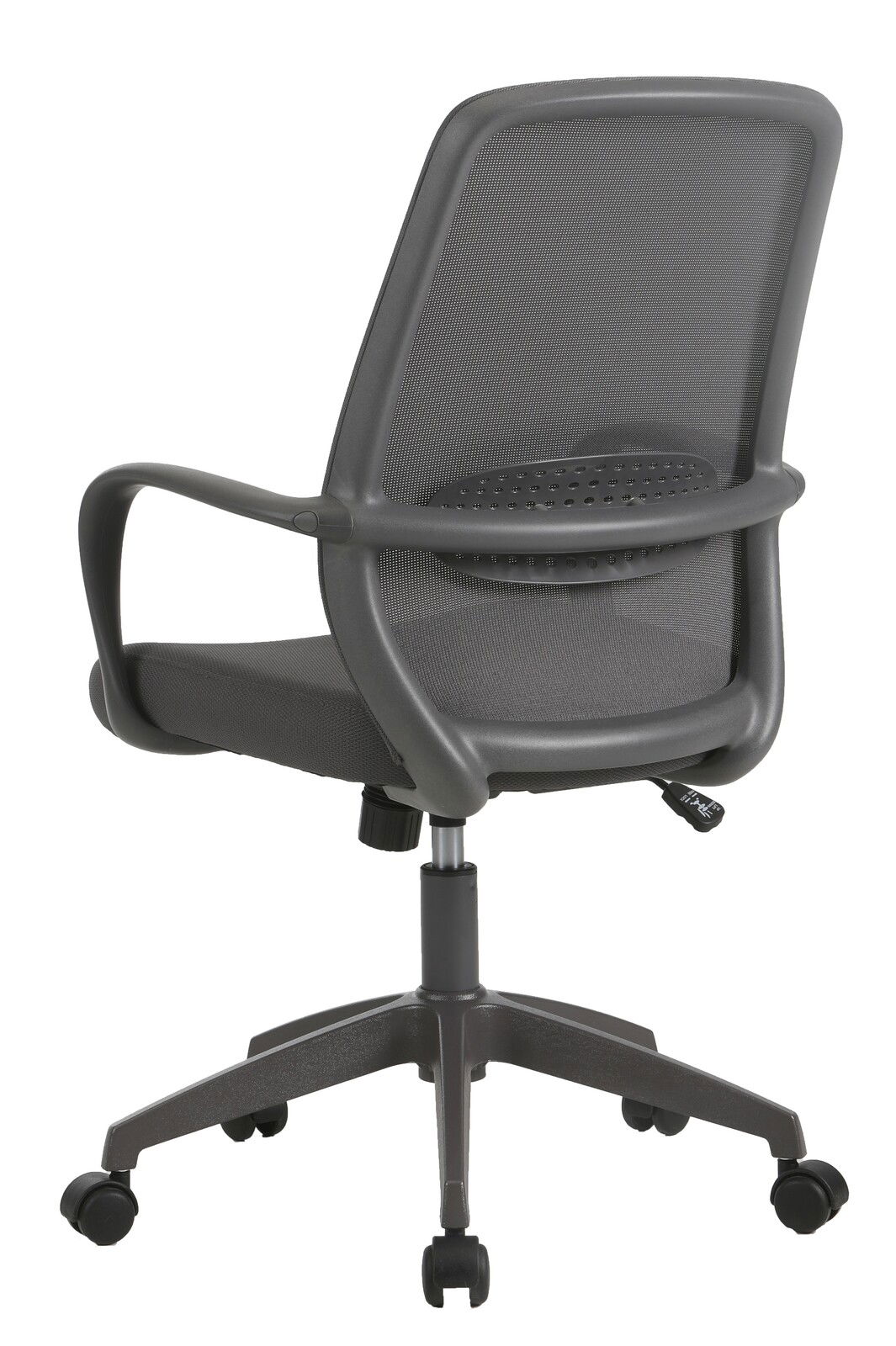 Rückansicht eines grauen Drehstuhls mit Netzrückenlehne und Armlehnen.