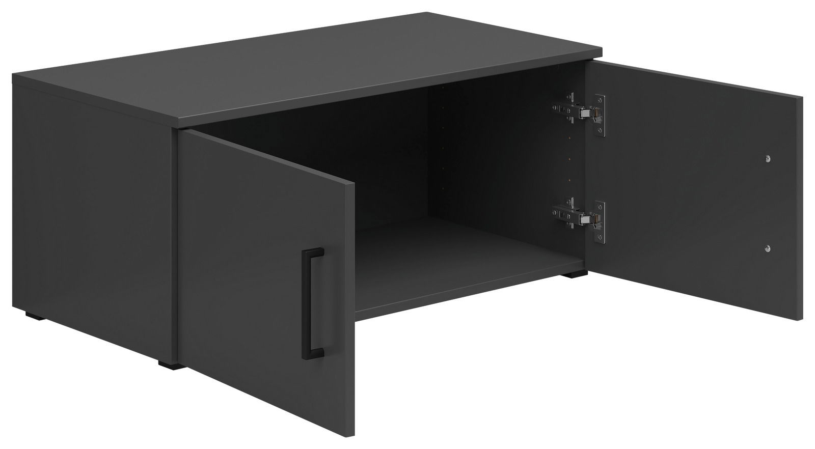 Schwarzer Aufsatzschrank mit zwei geöffneten Türen, seitliche Perspektive