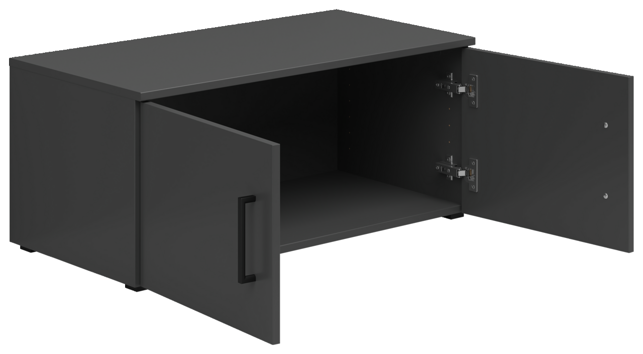 Schwarzer Aufsatzschrank mit zwei geöffneten Türen, seitliche Perspektive