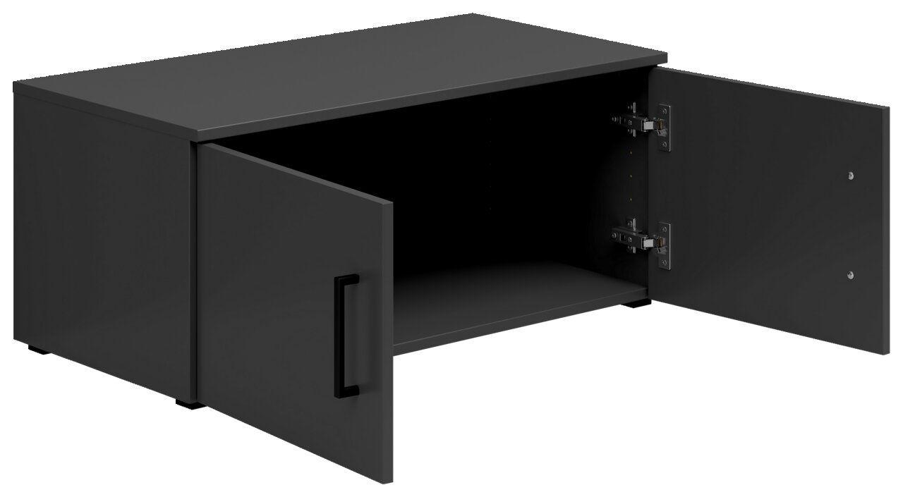 Schwarzer Aufsatzschrank mit zwei geöffneten Türen, seitliche Perspektive