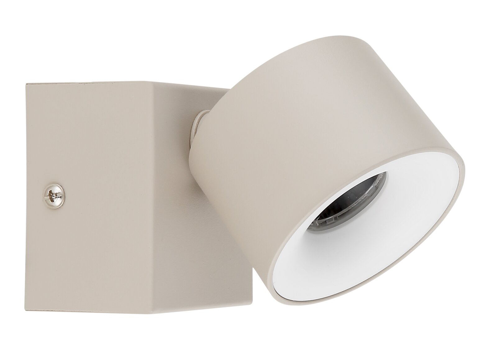Beige Wandspot/Wandleuchte aus Metall mit zylindrischem, schwenkbarem Lampenkopf und weißer Innenblende, in seitlicher Nahaufnahme leicht von vorn auf weißem Hintergrund