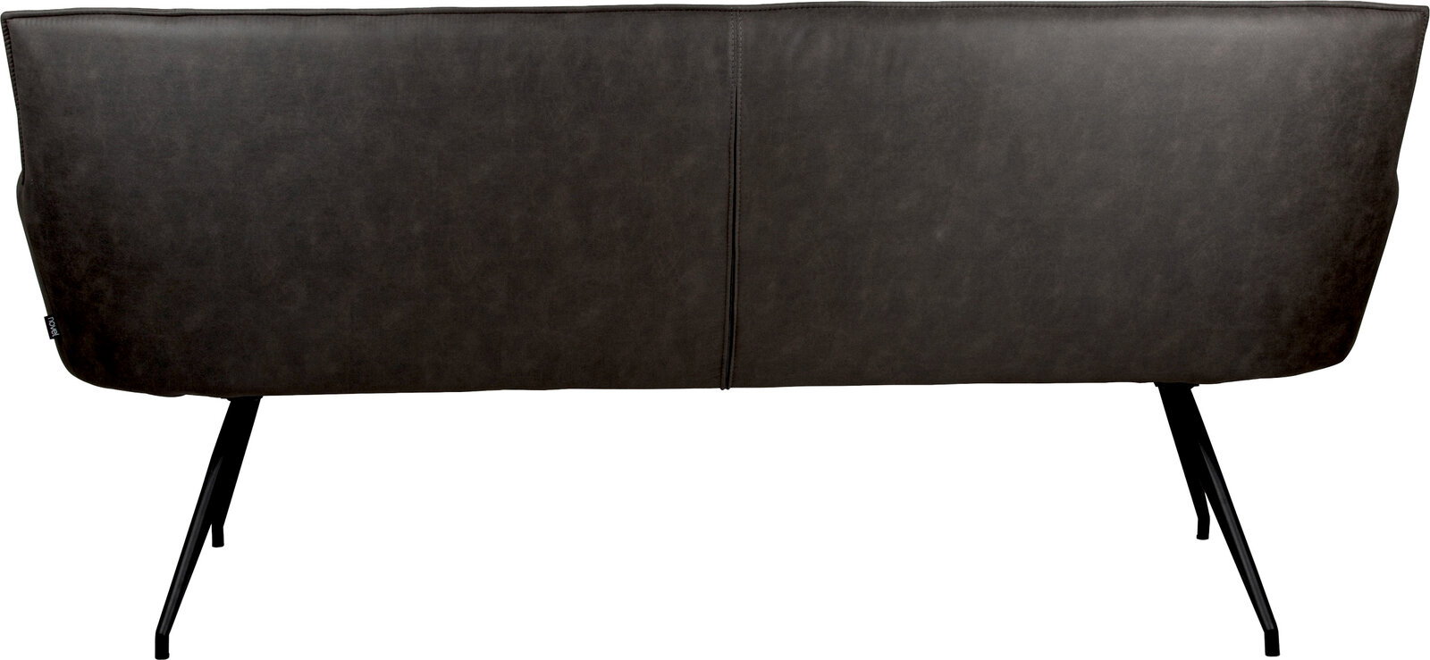 Rückansicht eines modernen 2-Sitzer-Sofas in dunkelgrauem Lederlook mit mittiger Naht und schwarzen Metallbeinen, freigestellt auf weißem Hintergrund