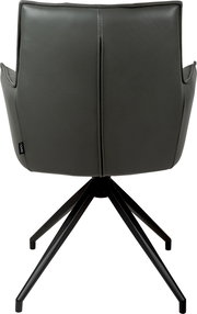 Rückansicht eines grauen, gepolsterten Drehstuhls mit Armlehnen in Lederoptik und schwarzem Metall-Fußkreuz, freigestellt auf weißem Hintergrund