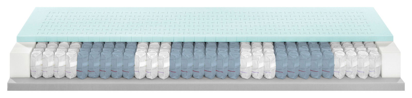 Querschnitt einer Matratze mit verschiedenen Schichten, darunter eine Schicht aus Taschenfedern und eine obere Schicht aus Schaumstoff, seitliche Perspektive.