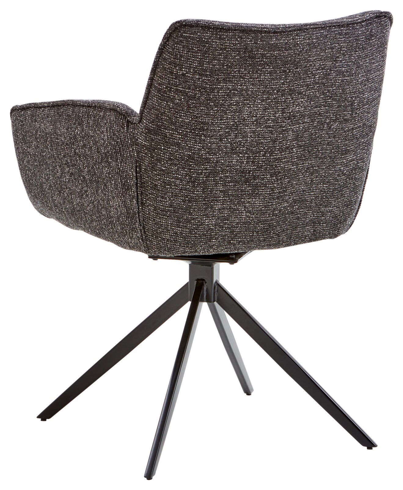 Rückansicht eines modernen Armlehnstuhls mit schwarzem Stoffbezug und Metallbeinen, Modell Valdera Armlehnstuhl DORI.