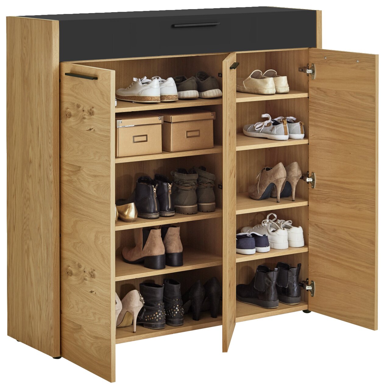 VOSS XL-Schuhkommode LEVIO XL-Schuhkommode aus Holz mit zwei offenen Türen, gefüllt mit verschiedenen Schuhen und Kartons, frontal betrachtet.