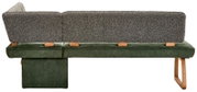 Rückansicht eines modernen Sofas mit dunkelgrüner Polsterbasis, grauen Rückenlehnen und Holzfüßen vor weißem Hintergrund