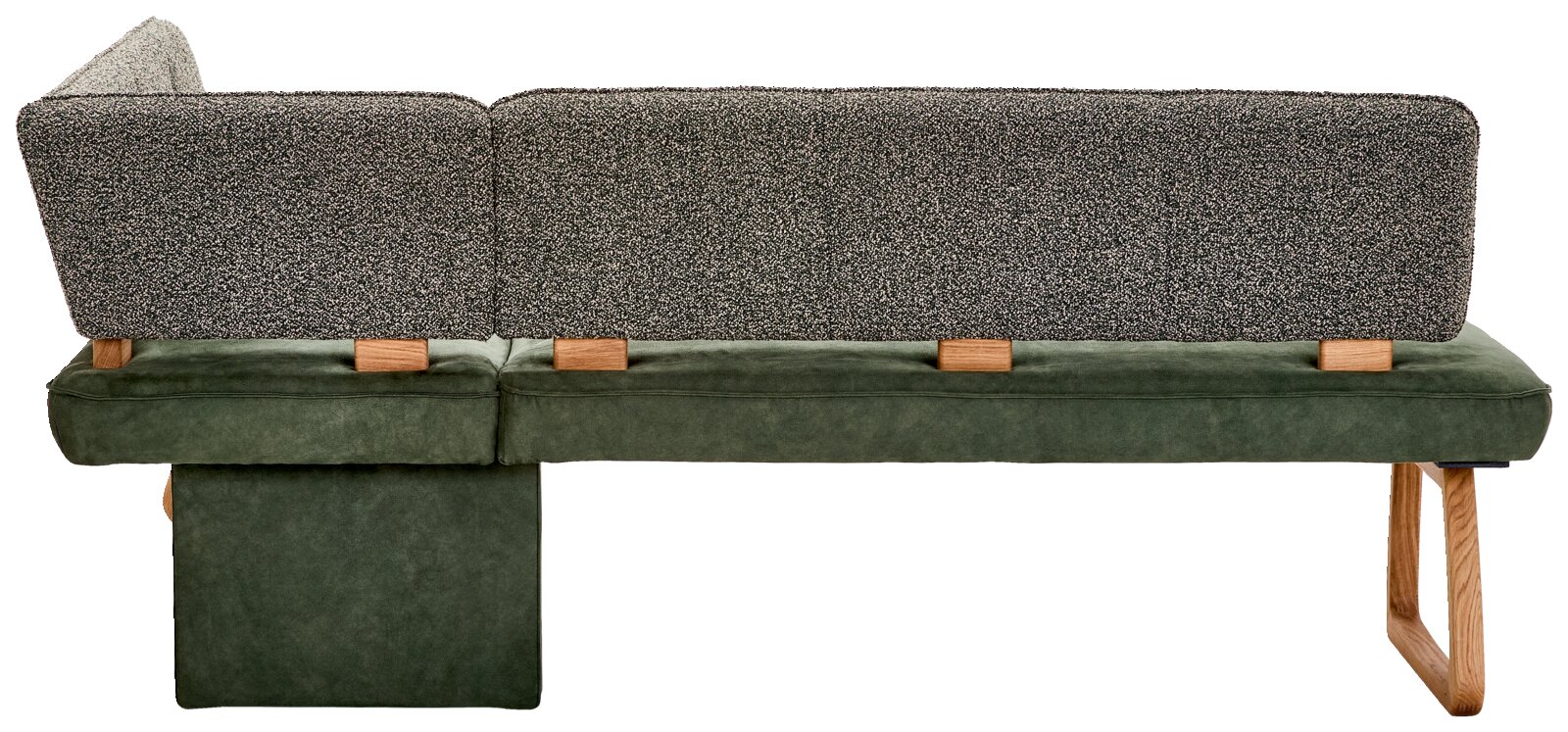 Rückansicht eines modernen Sofas mit dunkelgrüner Polsterbasis, grauen Rückenlehnen und Holzfüßen vor weißem Hintergrund